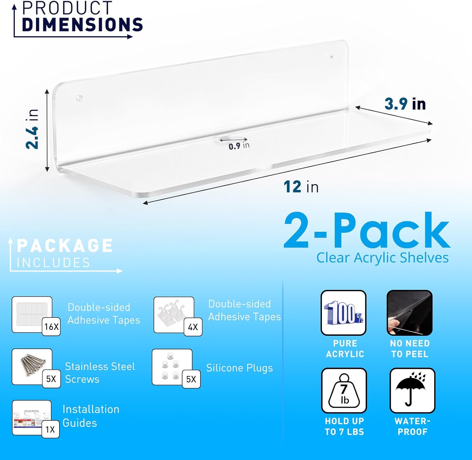 OAPRIRE Clear Acrylic Floating Shelves Set of 2 - Easily Expand Wall Space - 12 Inch Small Wall