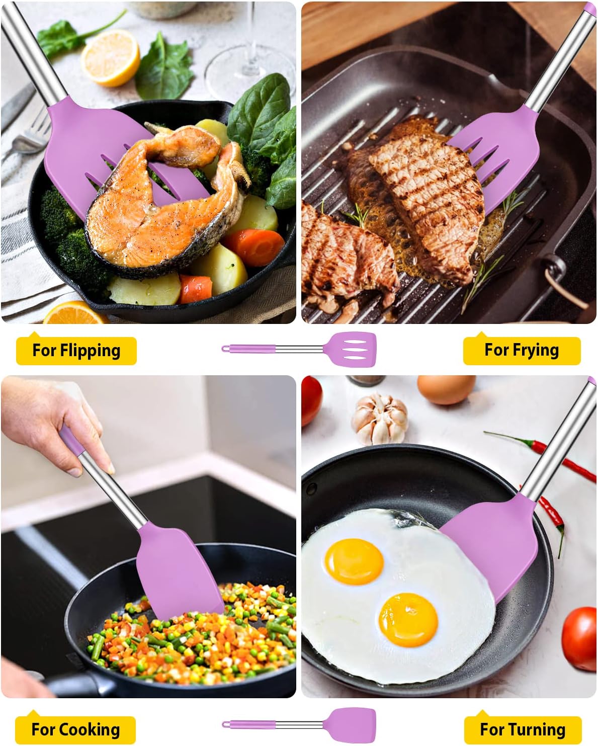 Pack of 2 Silicone Solid Turner, Non Stick Slotted Kitchen Spatulas, High Heat Resistant BPA Free