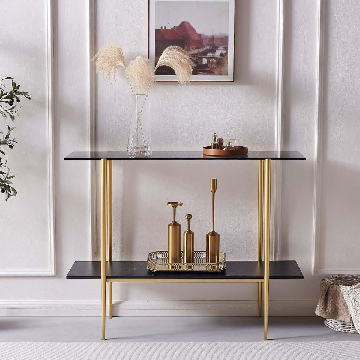 Glass Console Table for Living Room, Foyer & Entrance, 2-Tiers Mid-Century Modern Sofa Table with