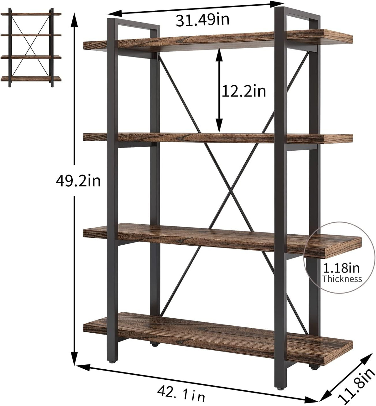 4 Tier Bookshelf Solid Wood Bookcase and Book Shelves Wood and Metal Shelving Rustic Open Bookshelf