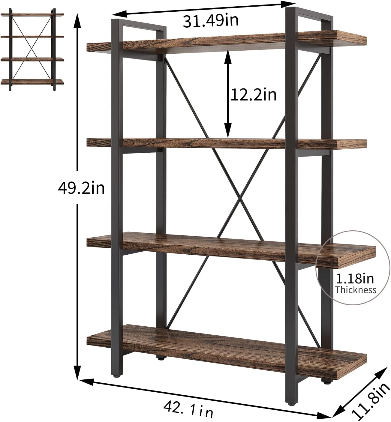 4 Tier Bookshelf Solid Wood Bookcase and Book Shelves Wood and Metal Shelving Rustic Open Bookshelf