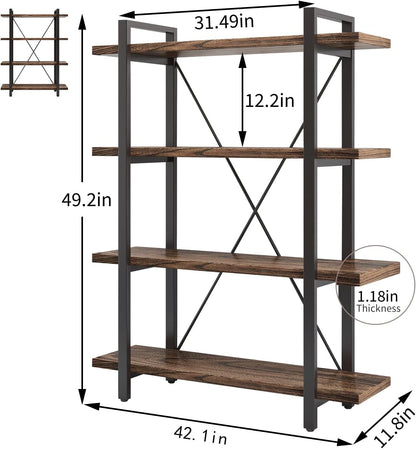 4 Tier Bookshelf Solid Wood Bookcase and Book Shelves Wood and Metal Shelving Rustic Open Bookshelf