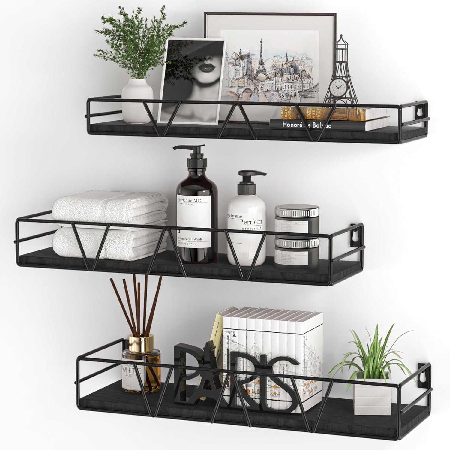 Floating Shelves Set of 3, Home Wood Wall Shelf, Farmhouse Shelf for Bedroom, Wall Mounted Floating