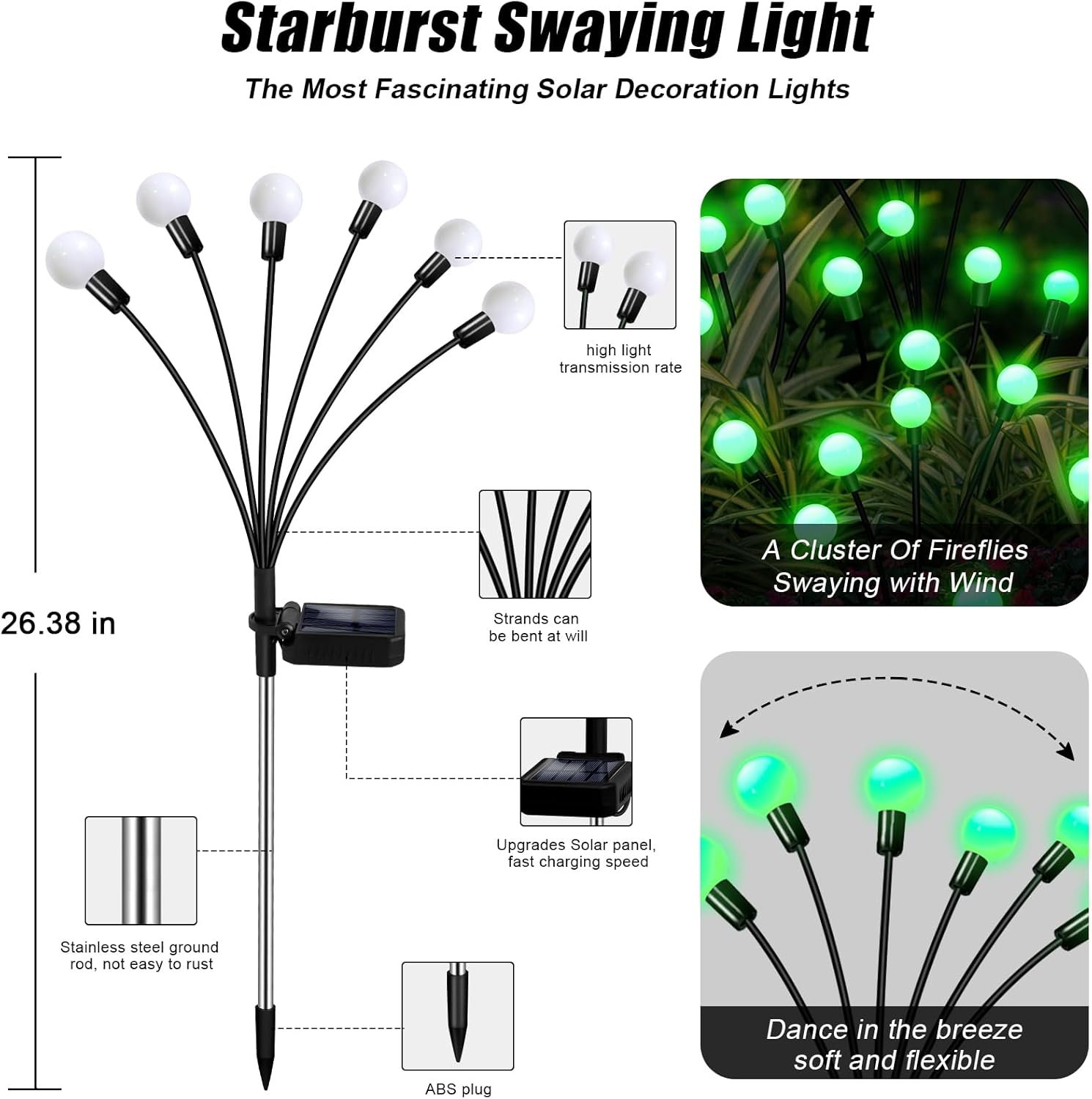 Solar Firefly Light, Christmas Lights for Outside Decorations, 4 Pack 24 LED Green Solar Garden