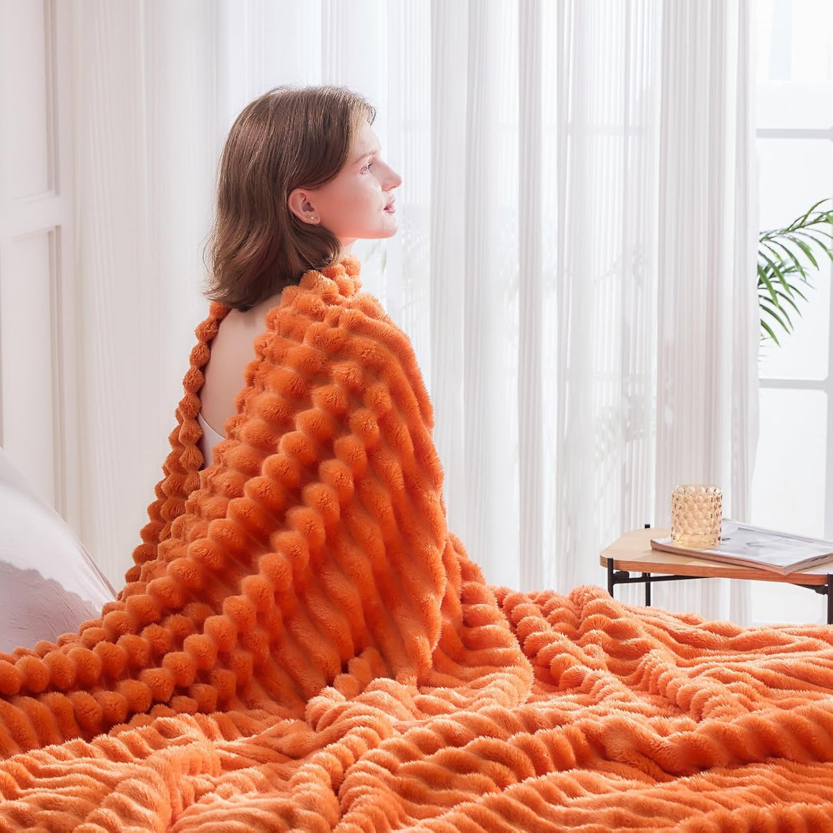NEWCOSPLAY Super Soft Fall Queen Blanket Orange Premium Silky Flannel Fleece 3D Ribbed Jacquard