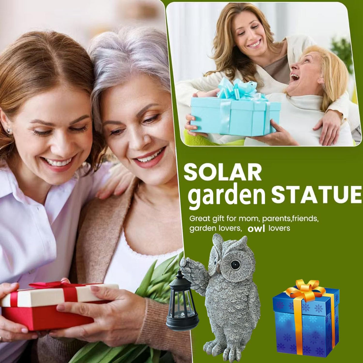 Garden Statues, owl Outdoor Figurines Decorated with Solar Lights, Unique Christmas Birthday Gifts