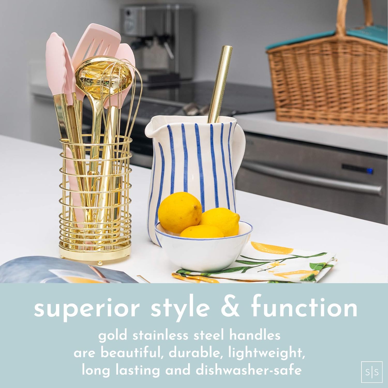Gold and Pink Kitchen Utensil Set with Holder - 7-Piece Cooking Tools with Gold Whisk, Ladle