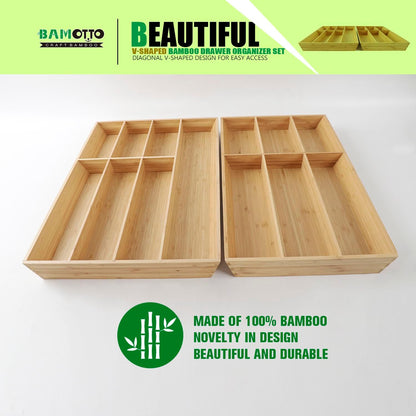 V-Shaped Extra Large Bamboo Drawer Organizer Set of 2, Kitchen Cutlery Tray Utensil Plate