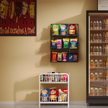 X-cosrack 3 Tier Large Stackable Snack Organizer - Versatile Wall Mounted Wire Storage Basket with