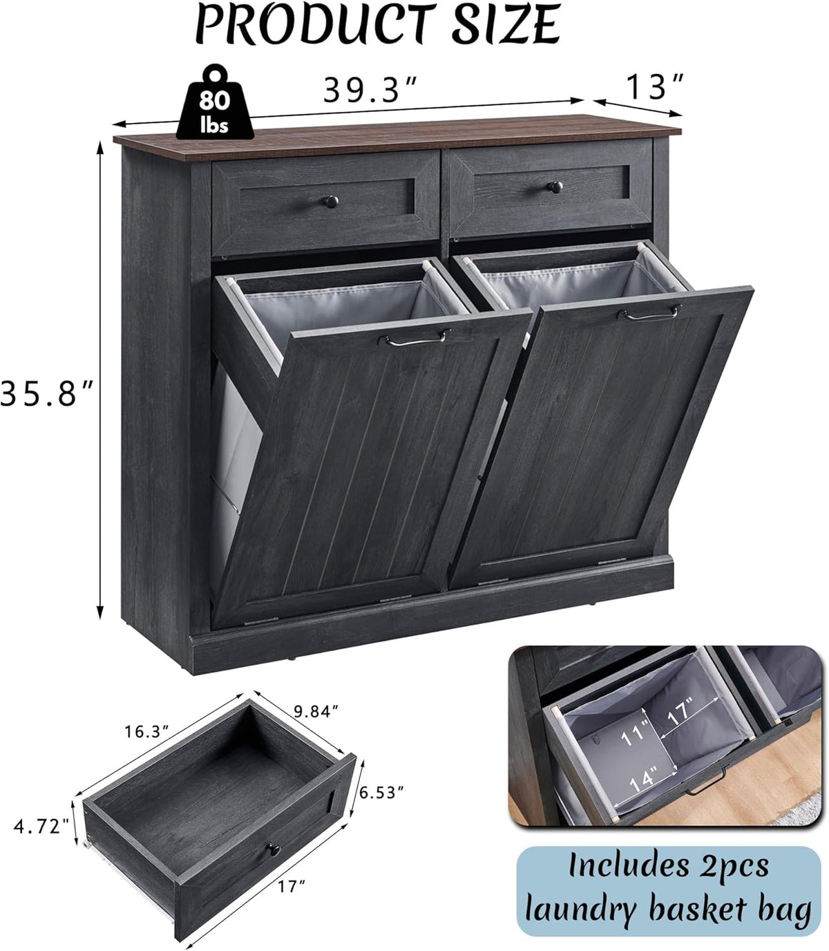 Double Tilt Out Laundry Hamper Cabinet, 20 Gallon Farmhouse Trash Can Cabinet with Drawer, Hidden