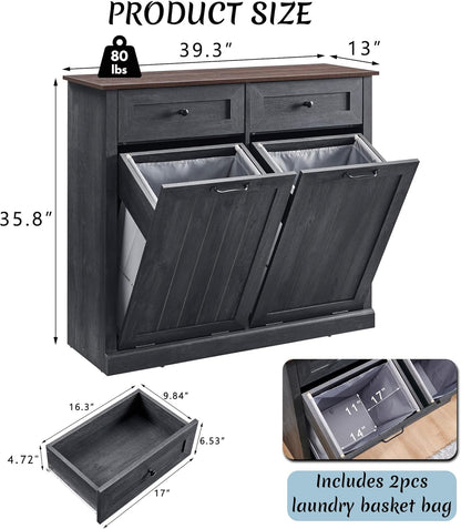 Double Tilt Out Laundry Hamper Cabinet, 20 Gallon Farmhouse Trash Can Cabinet with Drawer, Hidden