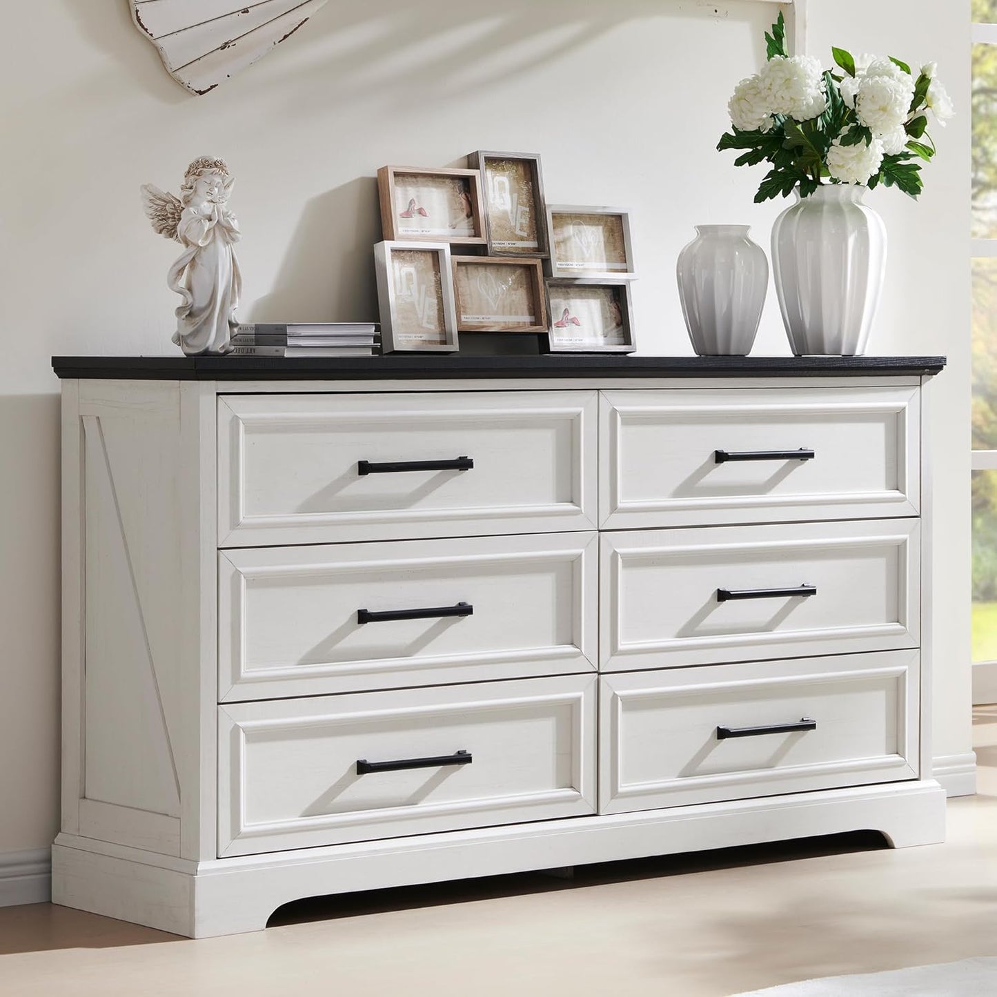 Farmhouse 6 Drawer Dresser for Bedroom, 52 Inch Wide Modern Dresser TV Stand with Large Drawers &