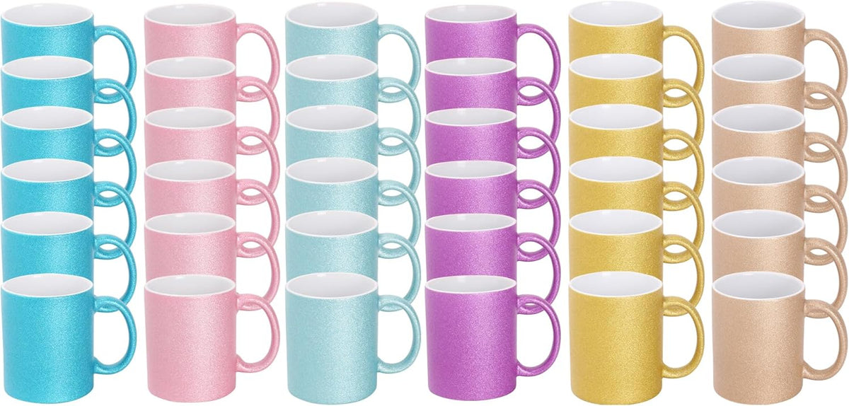 11oz White Ceramic Sublimation Coffee Mug in White Gift Box, 6 Sparkling Mixed Colors, Case of 36