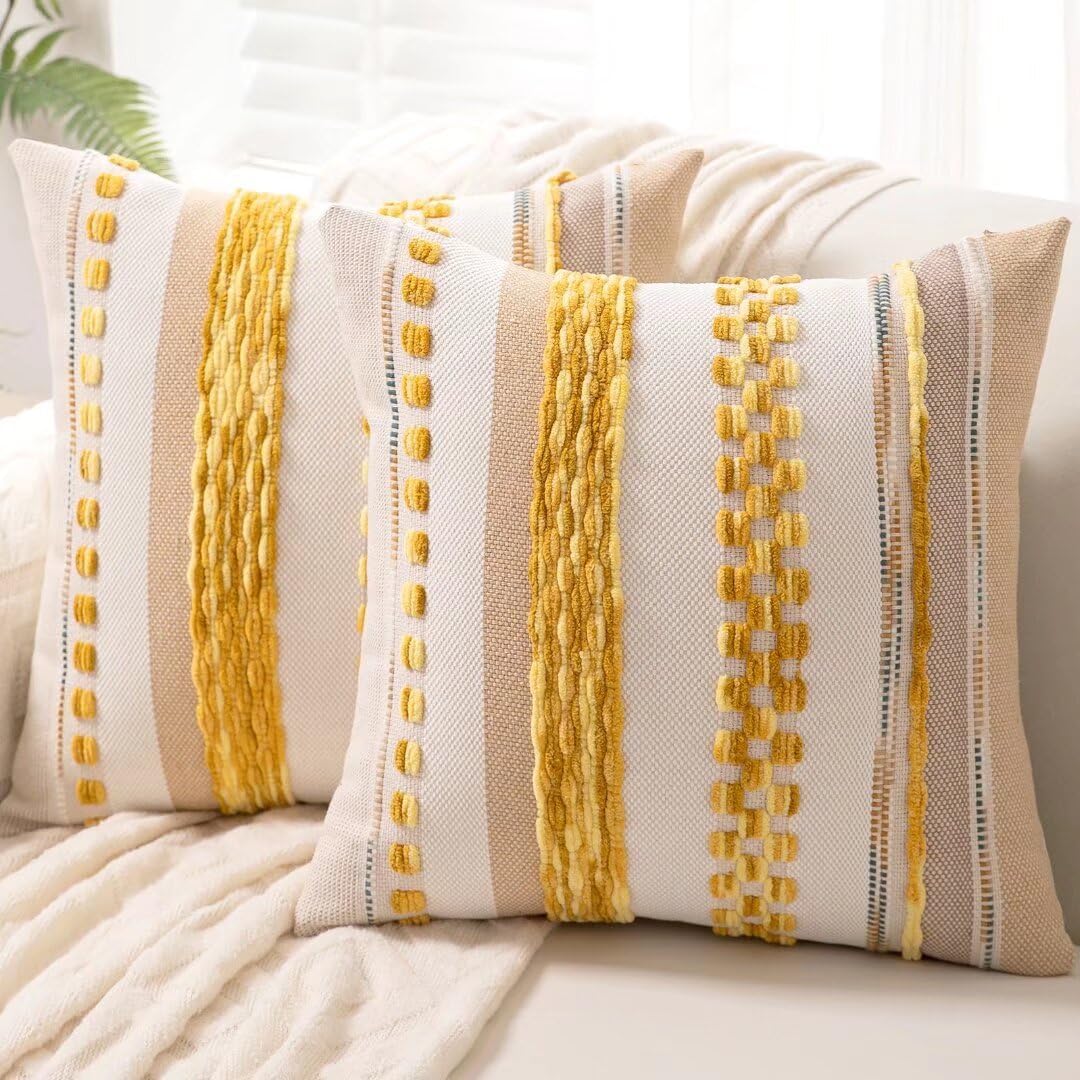 Boho Throw Pillow Covers 18x18 Set of 2 Farmhouse Decorative Cushion Case Striped Square Pillows