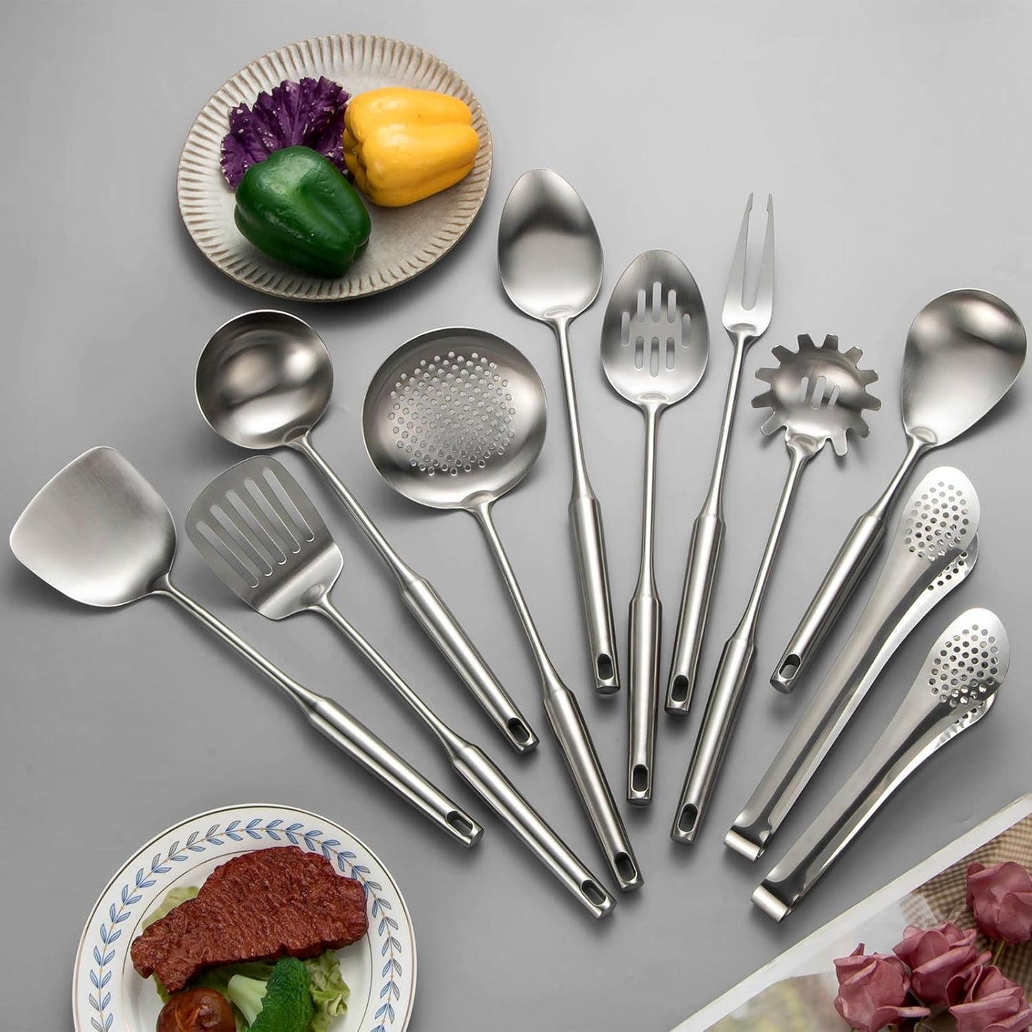 304 Stainlss Steel Kitchen Utensils Set, 11 Pcs Long Metal Cooking Utensil Gadgets Tools Set with