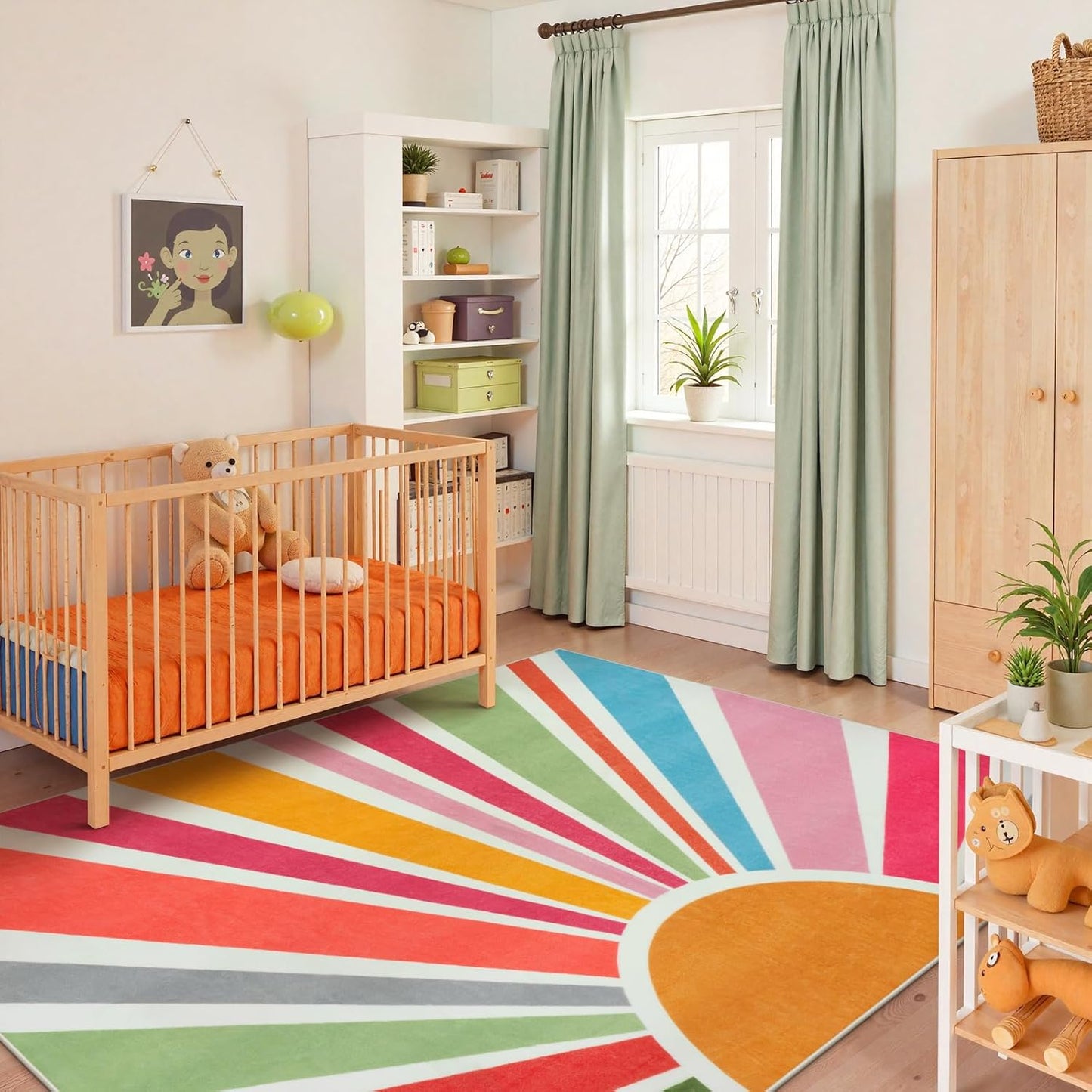 STARUIA Boho Machine Washable 6x9 Area Rugs for Living Room, Soft Non-Slip Large Sun Rainbow