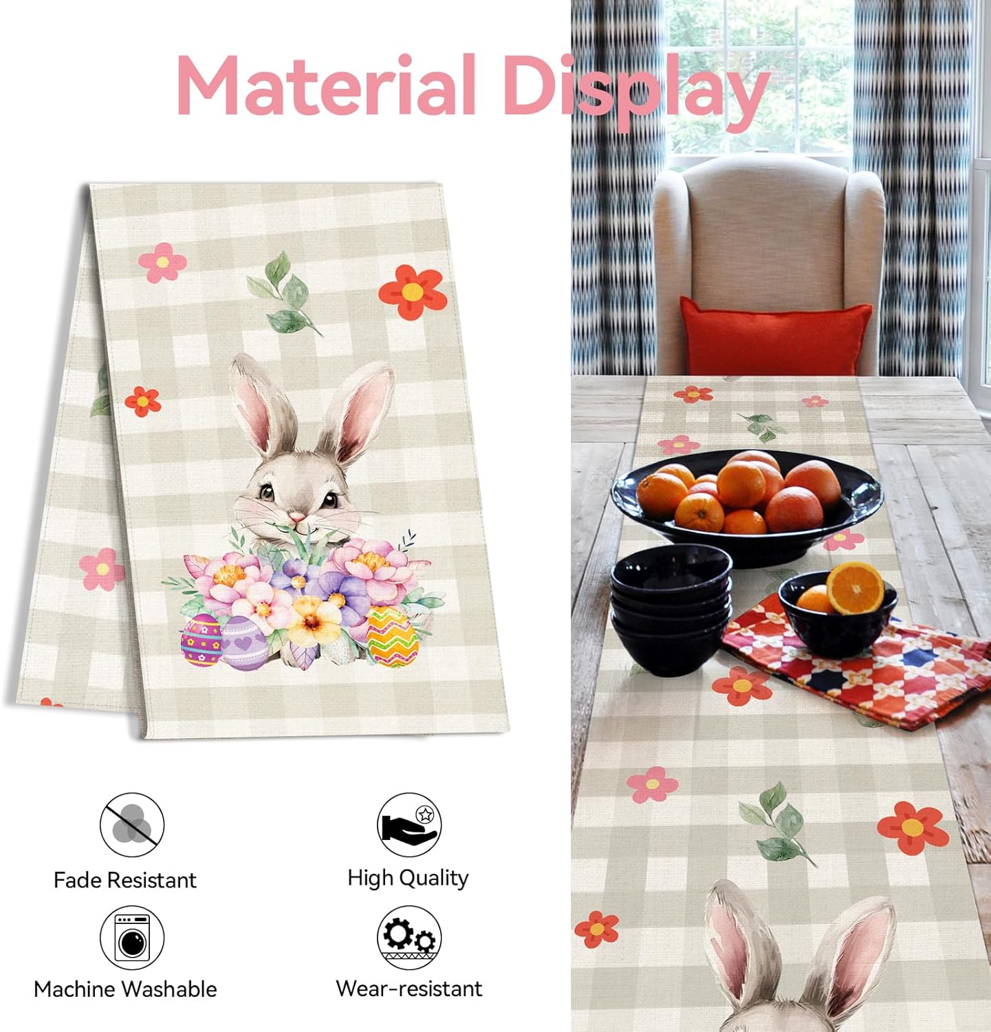 Easter Table Runner 13x72 Inch Bunny Rabbit Flowers Leaves Buffalo Plaid Eggs Seasonal Holiday