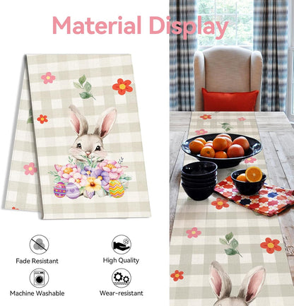 Easter Table Runner 13x72 Inch Bunny Rabbit Flowers Leaves Buffalo Plaid Eggs Seasonal Holiday