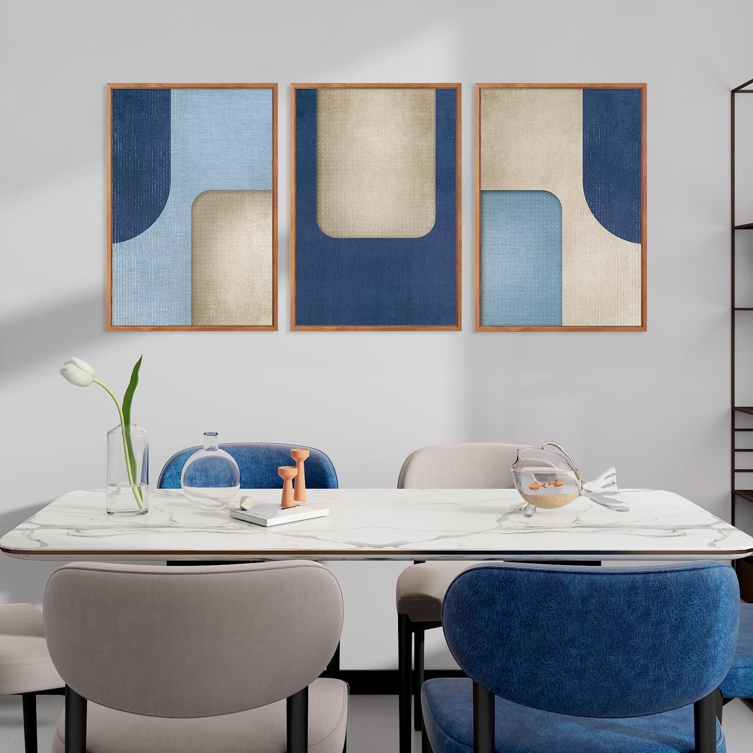 KAIRNE Blue Modern Abstract Canvas Wall Art,Neutral Prints Set of 3(16”X24”),Simple Design Wall