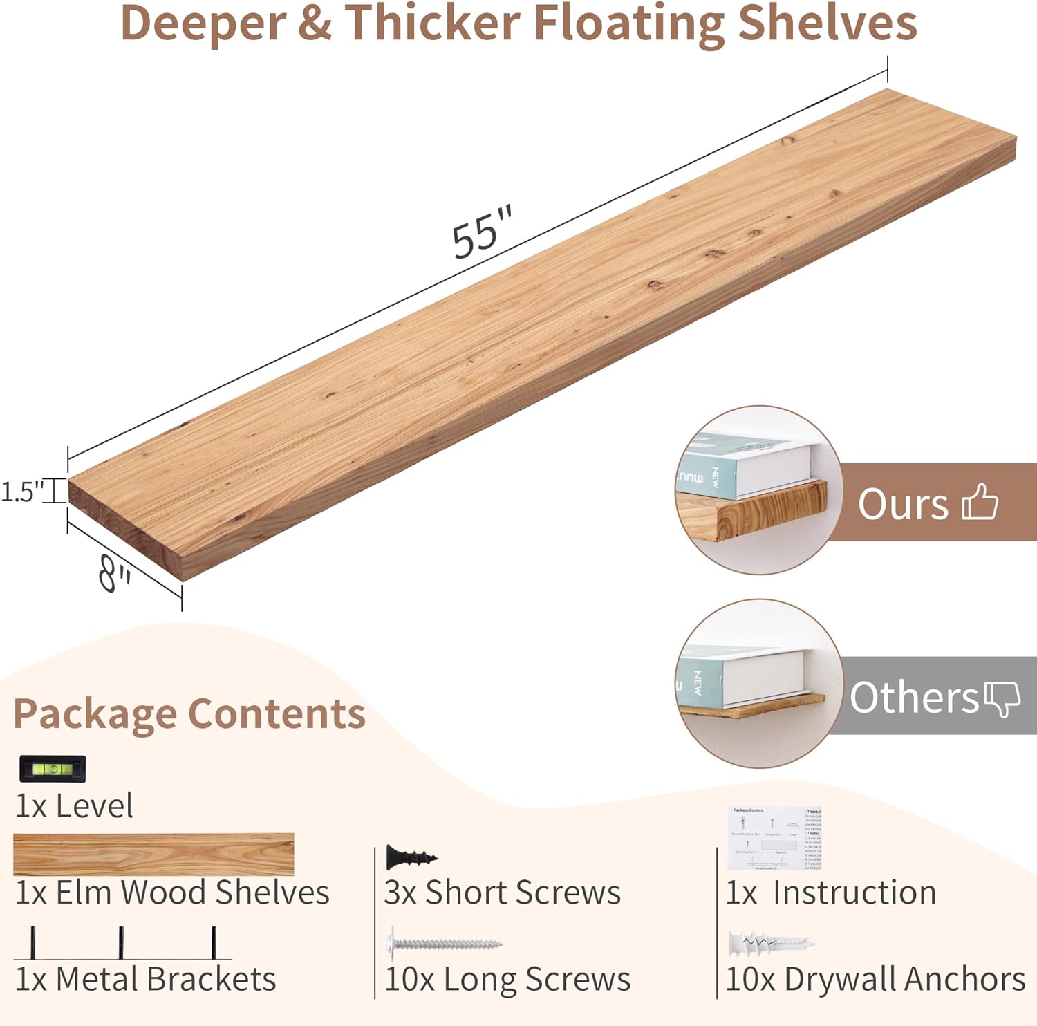 Axeman Floating Shelves for Wall, Rustic Elm Wood 56''W x 8" D Wall Shelf with Invisible Bracket