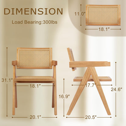 Rattan Dining Chairs Set of 4, Wooden Armchair Cane Kitchen Chairs with Arms, Light Walnut Color