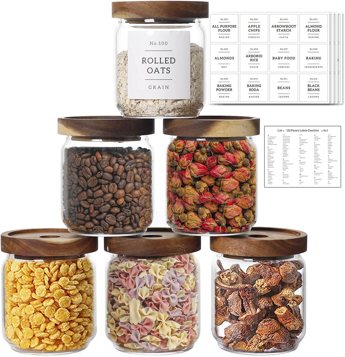 16 OZ Stackable Glass Food Storage Jars with 132 Pantry Labels Preprinted - 6 Pcs Thicken Glass