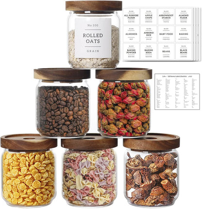 16 OZ Stackable Glass Food Storage Jars with 132 Pantry Labels Preprinted - 6 Pcs Thicken Glass