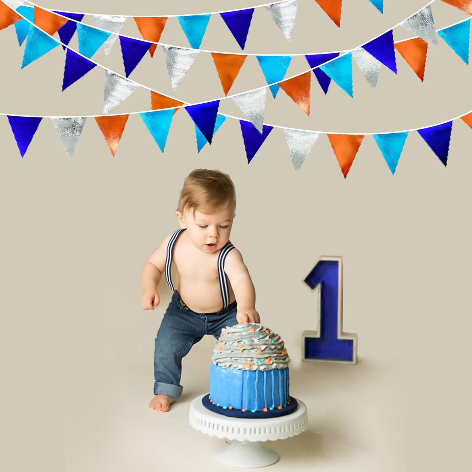 Orange Blue Silver Party Decorations Metallic Fabric Triangle Pennant Banner Flag Bunting Garland