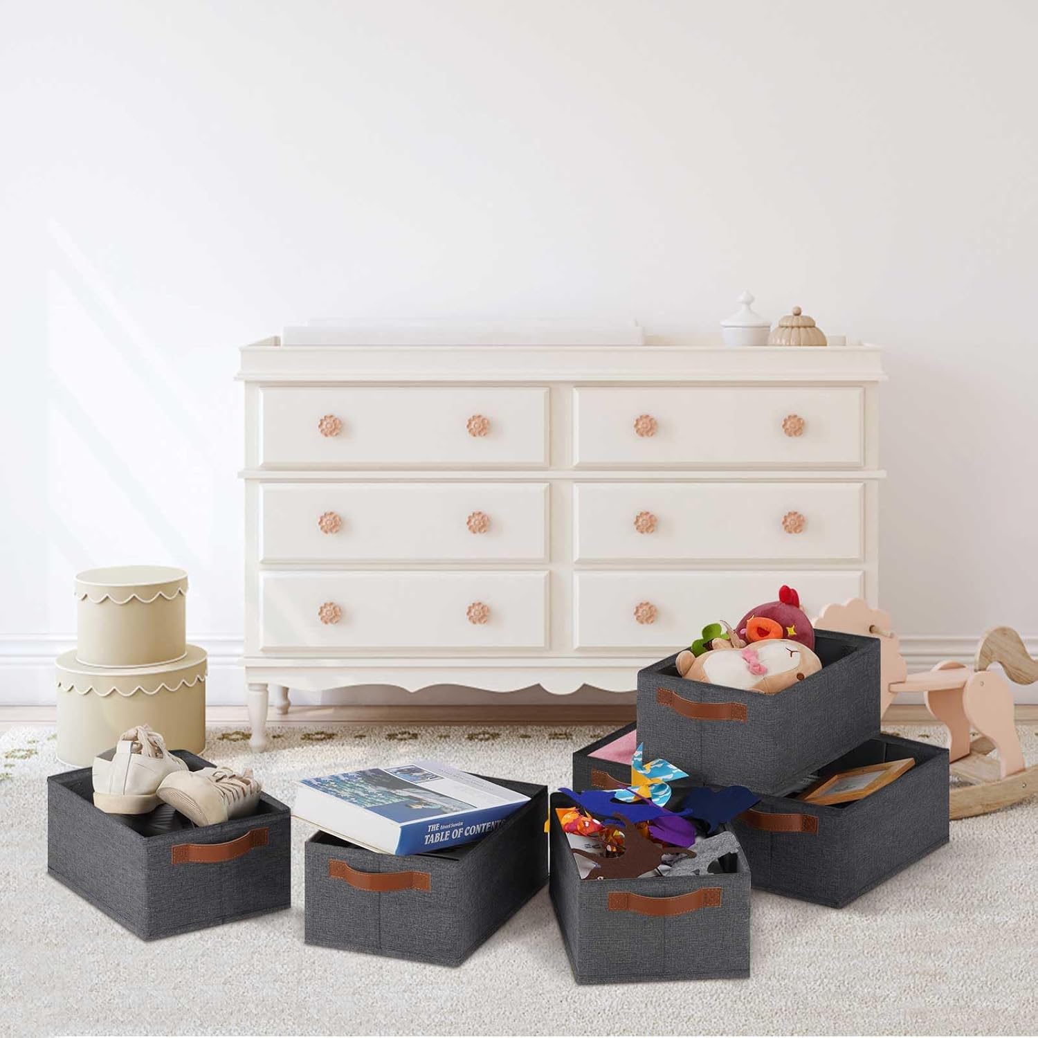 GhvyenntteS Small Fabric Storage Bins 12 Pack, 11.8" x 7.87" x 5.11" Storage Basket with Leather