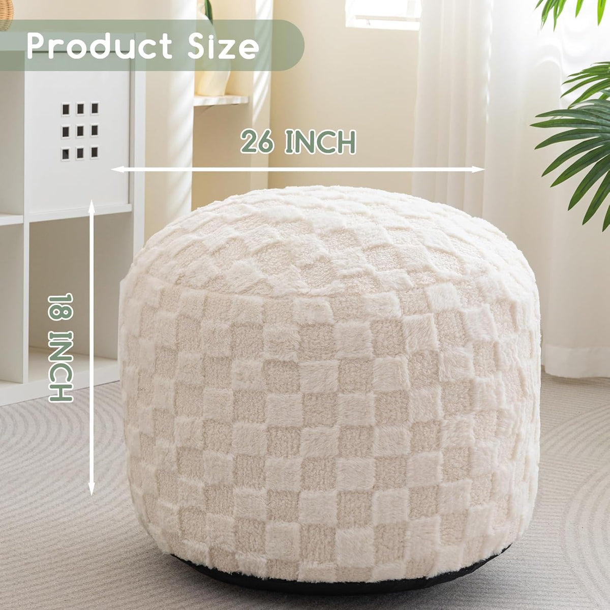 HIGOGOGO Round Stuffed Pouf Ottoman, Plaid Poufs with Foam Chunk Filling, Fluffy and Furry Pouf
