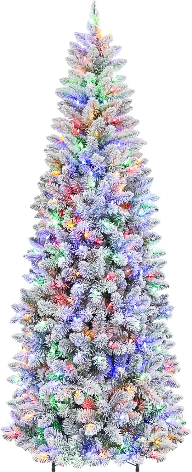 Hykolity 7.5 ft Pencil Prelit Christmas Tree, Artificial Slim Christmas Tree with 300 Multicolor