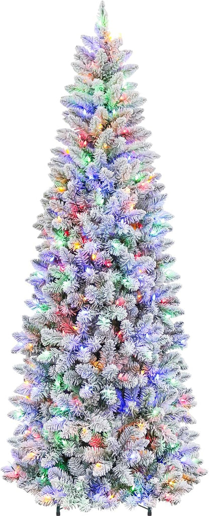 Hykolity 7.5 ft Pencil Prelit Christmas Tree, Artificial Slim Christmas Tree with 300 Multicolor