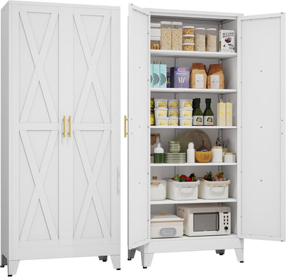 75" Tall Metal Kitchen Pantry Storage Cabinet, Freestanding Cupboard with 2 Doors and 5 Adjustable