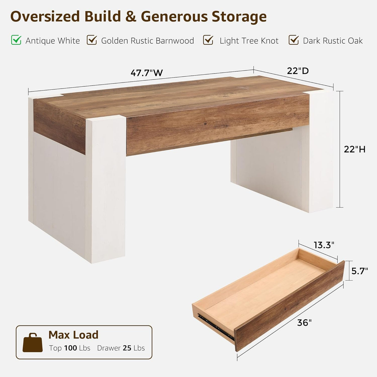 OKD 48" Modern Farmhouse Coffee Table, Wooden Living Room Table with Hidden Storage Drawer, Rustic