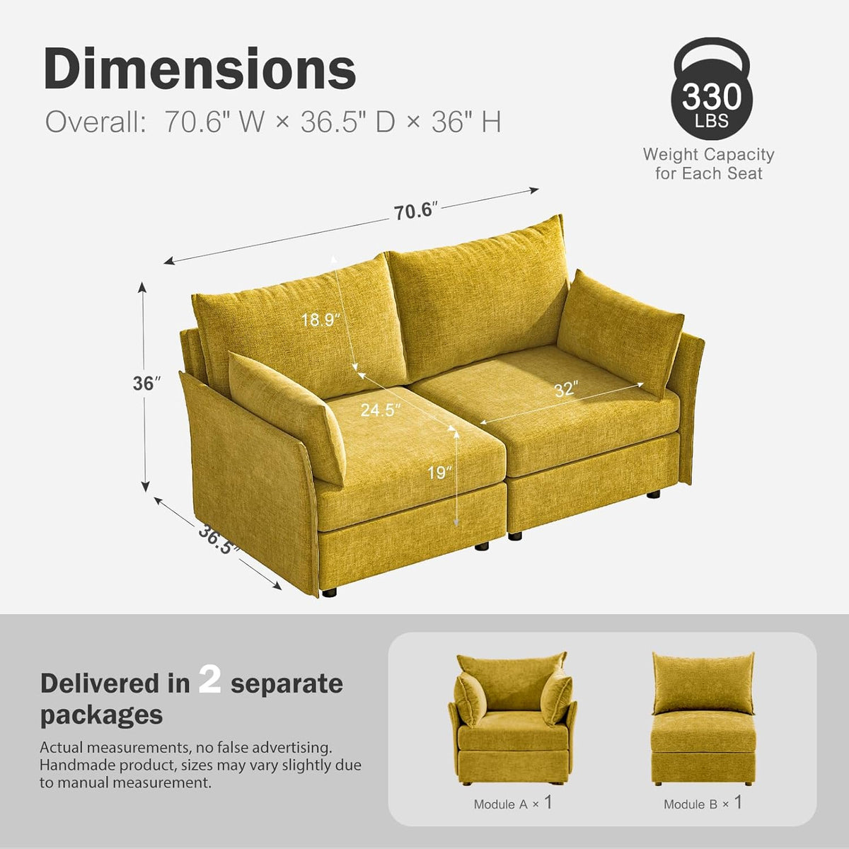 Oversized Loveseat Sofa, Modern Modular Sectional Couch Yellow Fluffy Chenille Mid Century 2-Seat