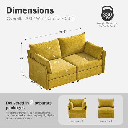 Oversized Loveseat Sofa, Modern Modular Sectional Couch Yellow Fluffy Chenille Mid Century 2-Seat