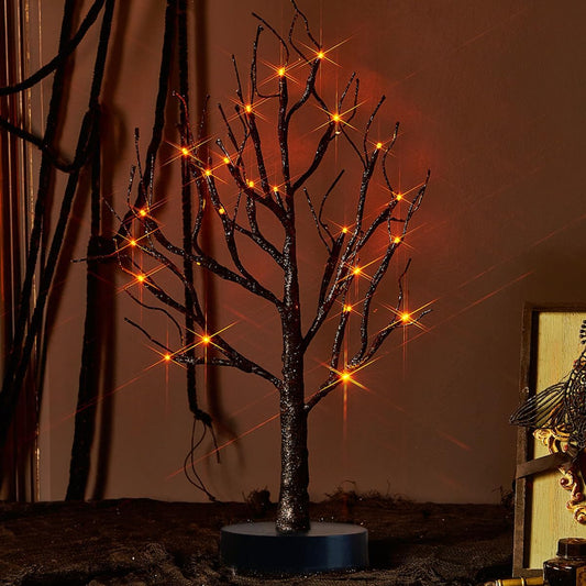 Fudios Black Halloween Tree with Lights 24 LED Orange with Timer, Lighted Tabletop Glittered Spooky
