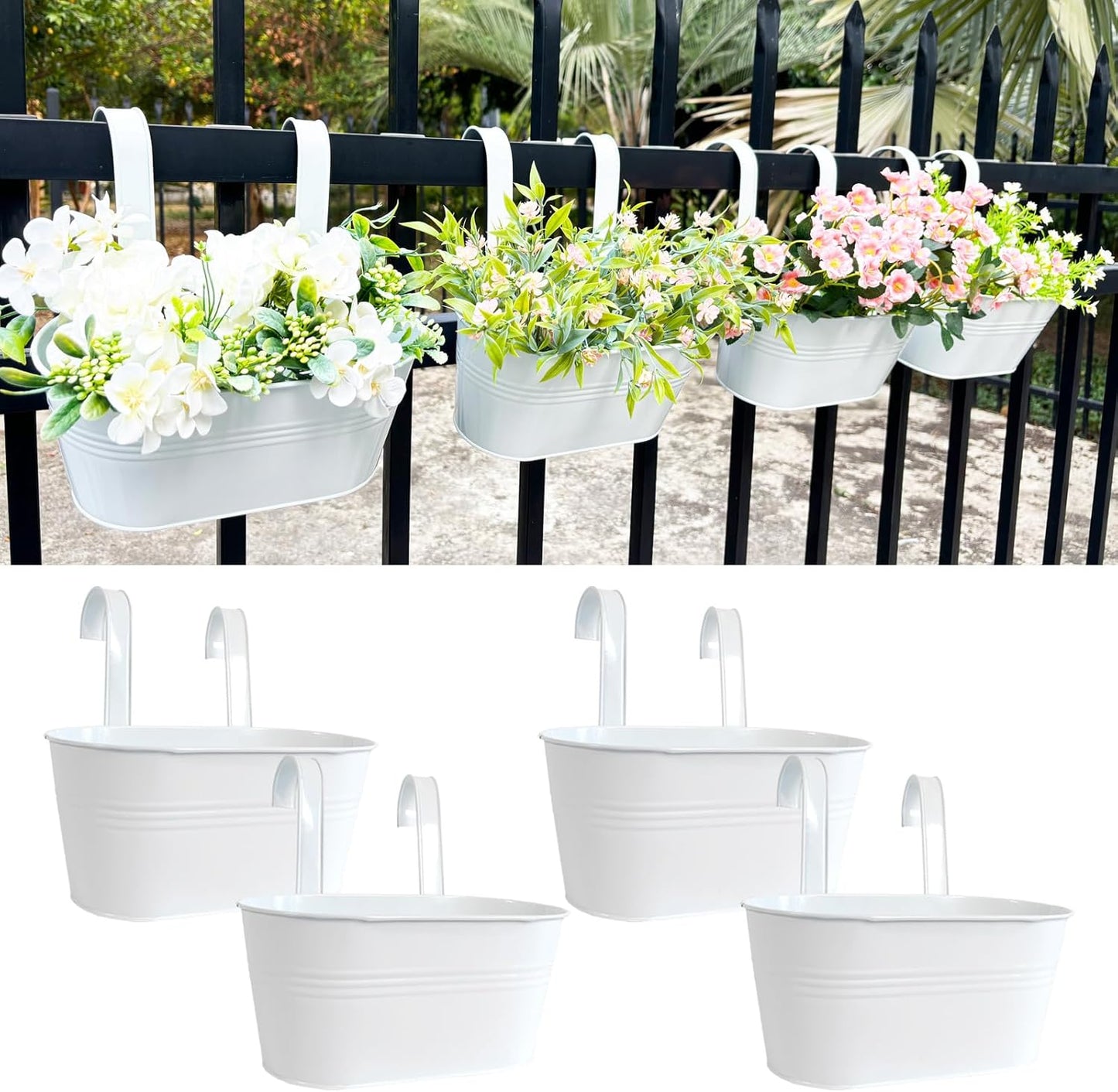 10" Hanging Flower Pots, Pack of 4 White Metal Outdoor Patio Balcony Planter, Railing Planters