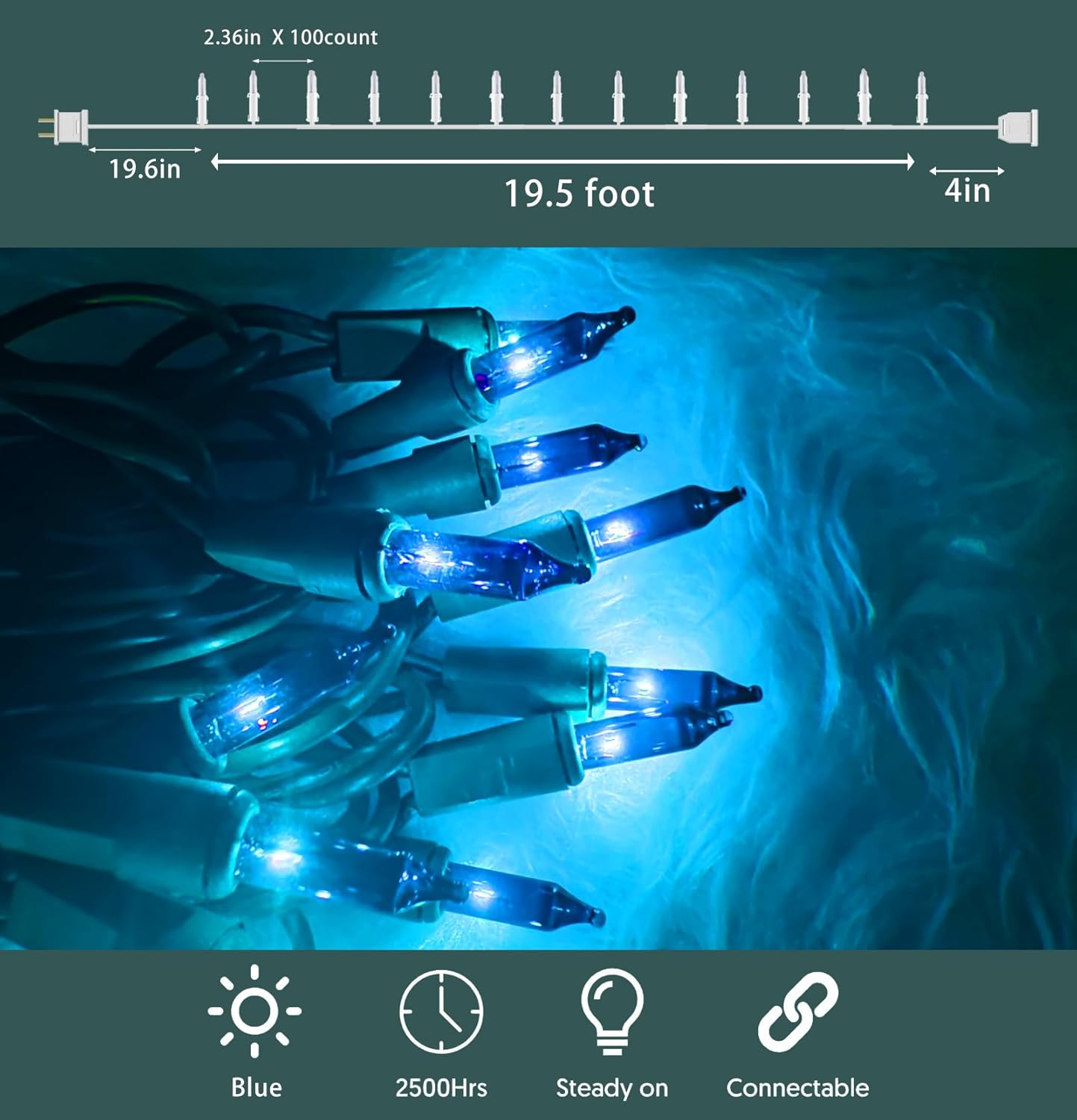 HISHINY Christmas Lights 100 Count Blue Christmas Tree String Lights with Green Wire for Outdoor