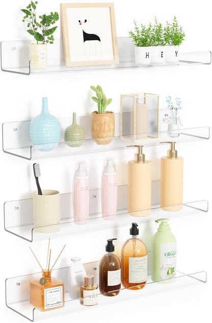 upsimples 4 Pack Acrylic Shelves for Wall Storage, 15" Floating Bookshelves for Kids, Display Shelf