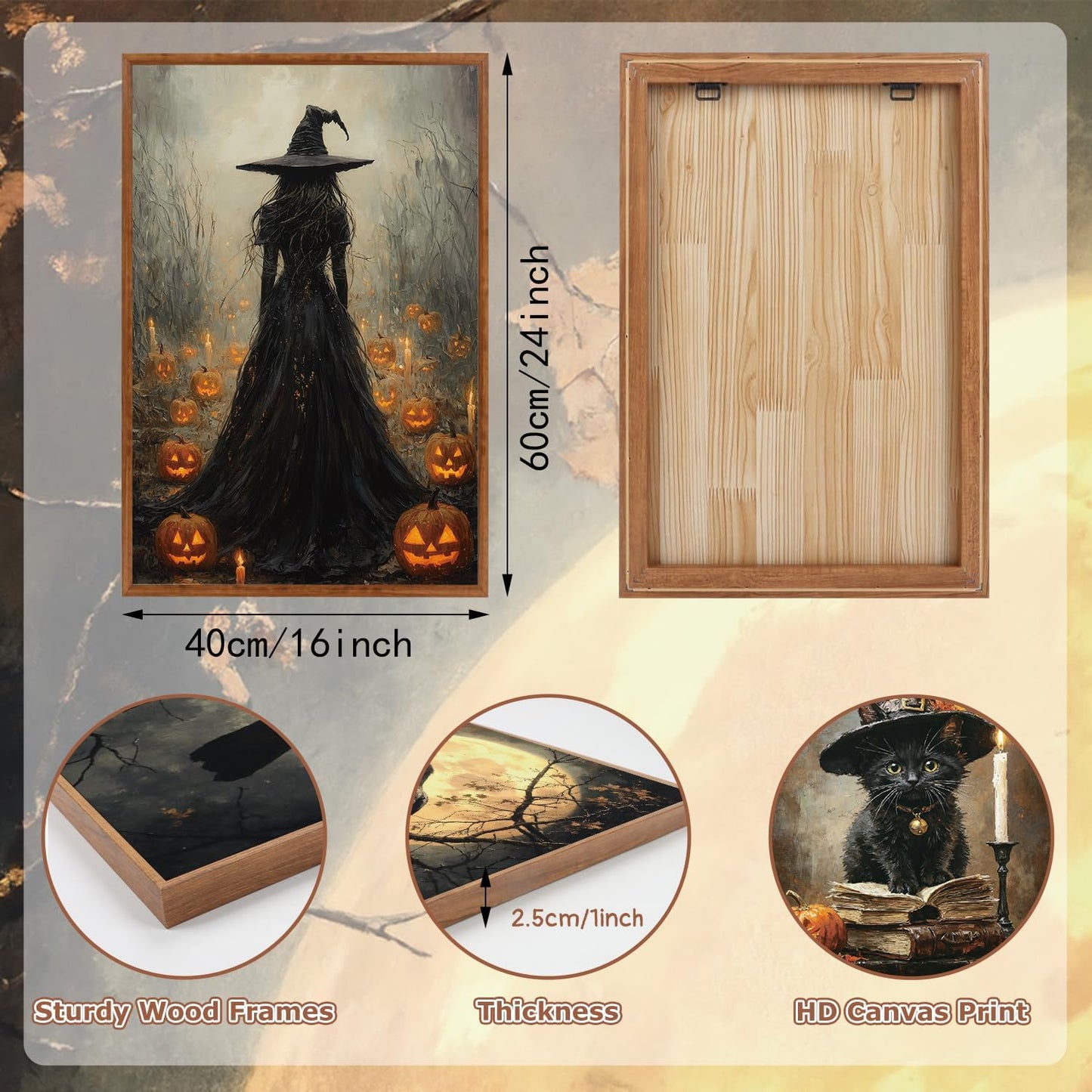 KAIRNE Framed Halloween Canvas Wall Art,Dark Witch Crow Prints,Black Cat Painting,Horror Gothic