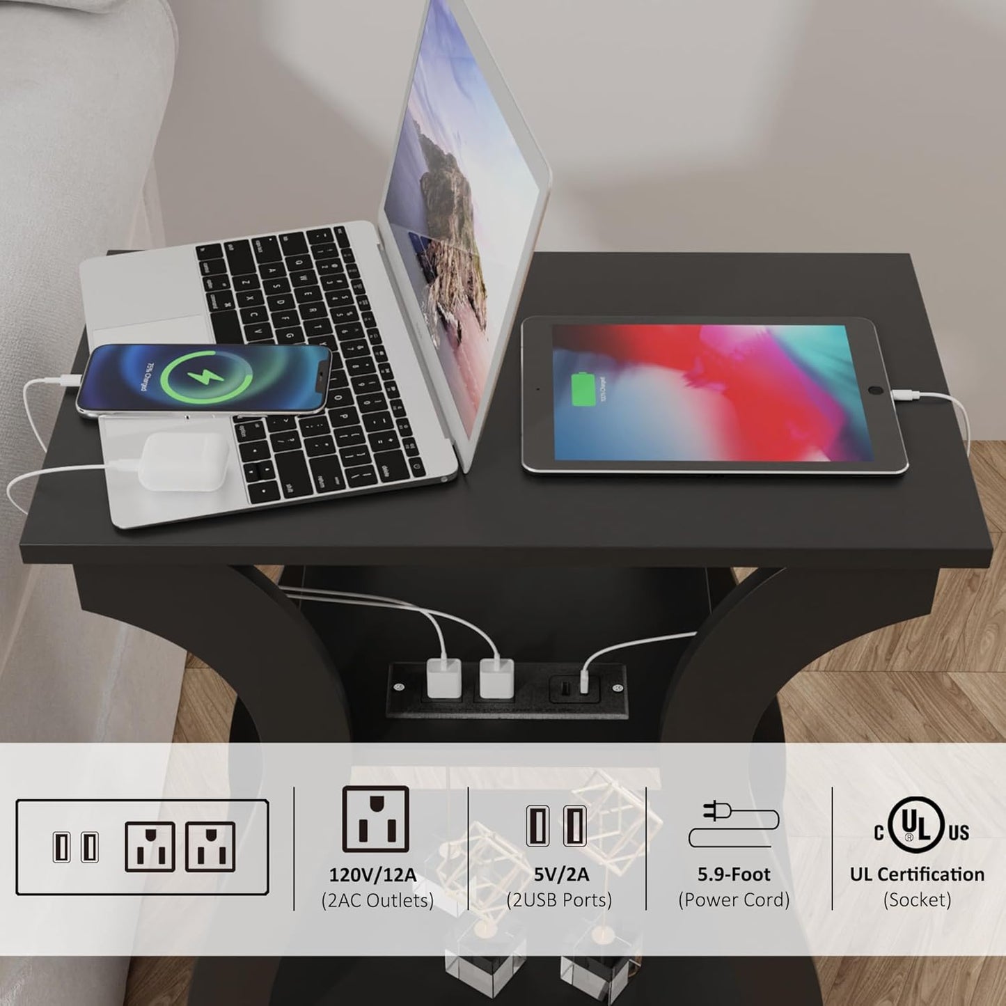 End Table with Charging Station, Side Table with USB Ports and Outlets, Nightstand, 3 Tier End