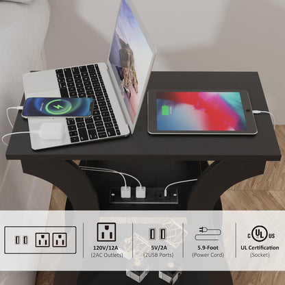 End Table with Charging Station, Side Table with USB Ports and Outlets, Nightstand, 3 Tier End