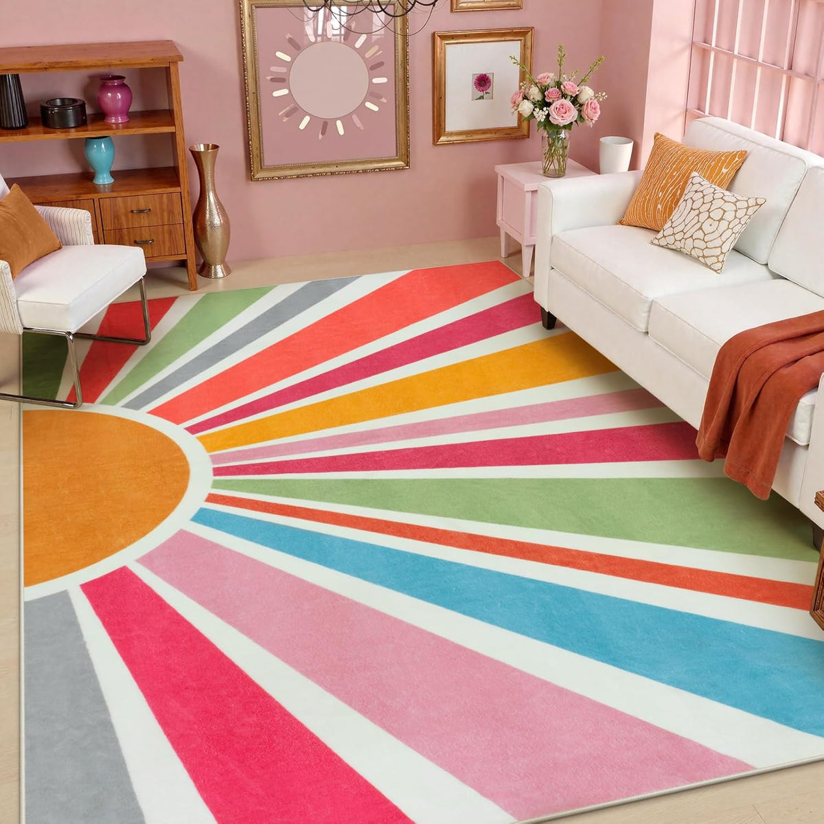 STARUIA Sun 8x10 Washable Area Rugs for Living Room, Non-Slip Backing Large Boho Rainbow Nursery