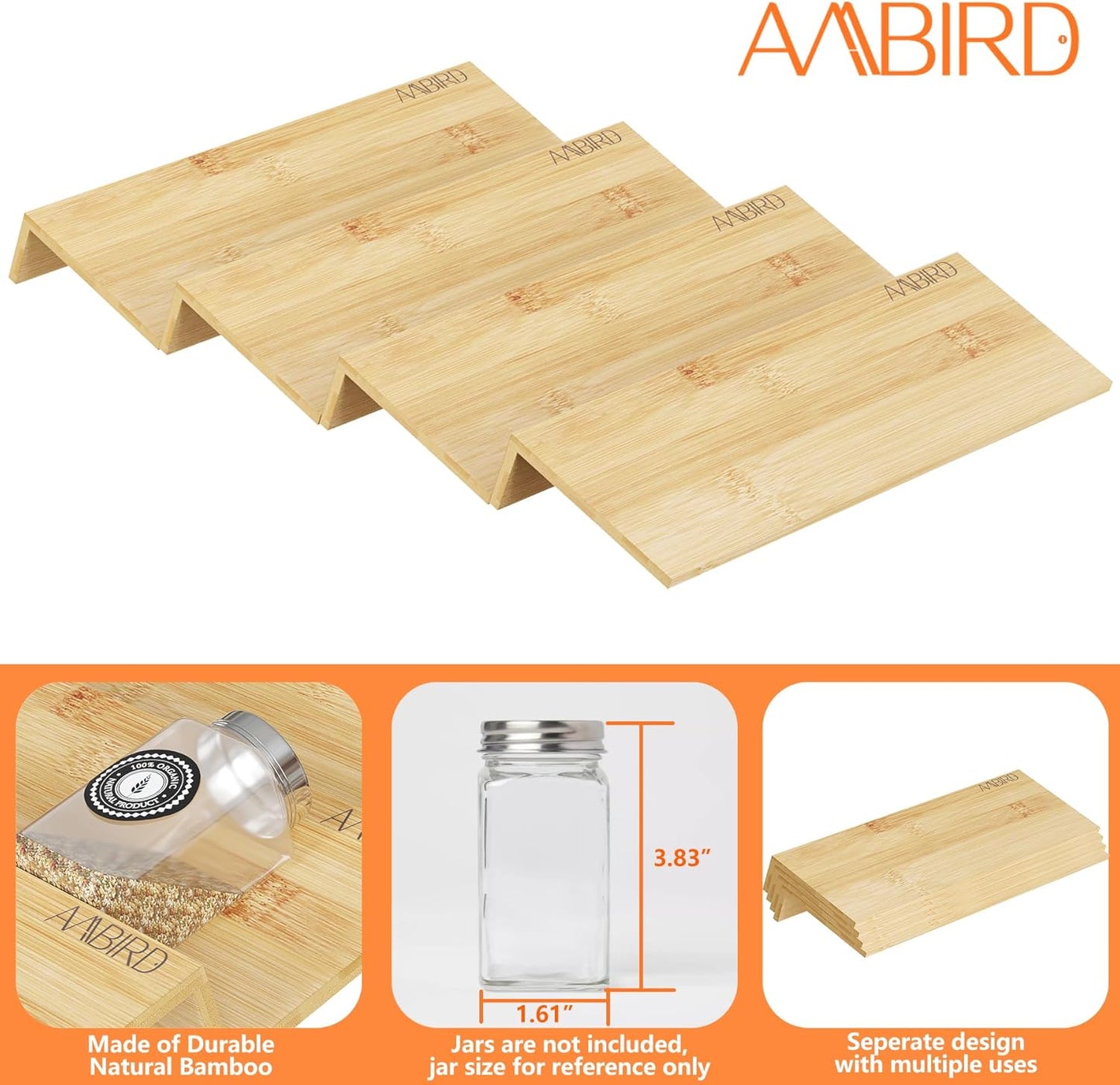 AMBIRD Bamboo Spice Drawer Organizer with Non-slip Mat,4 Tier Jar Spice Rack Tray 9.5'',Seasoning