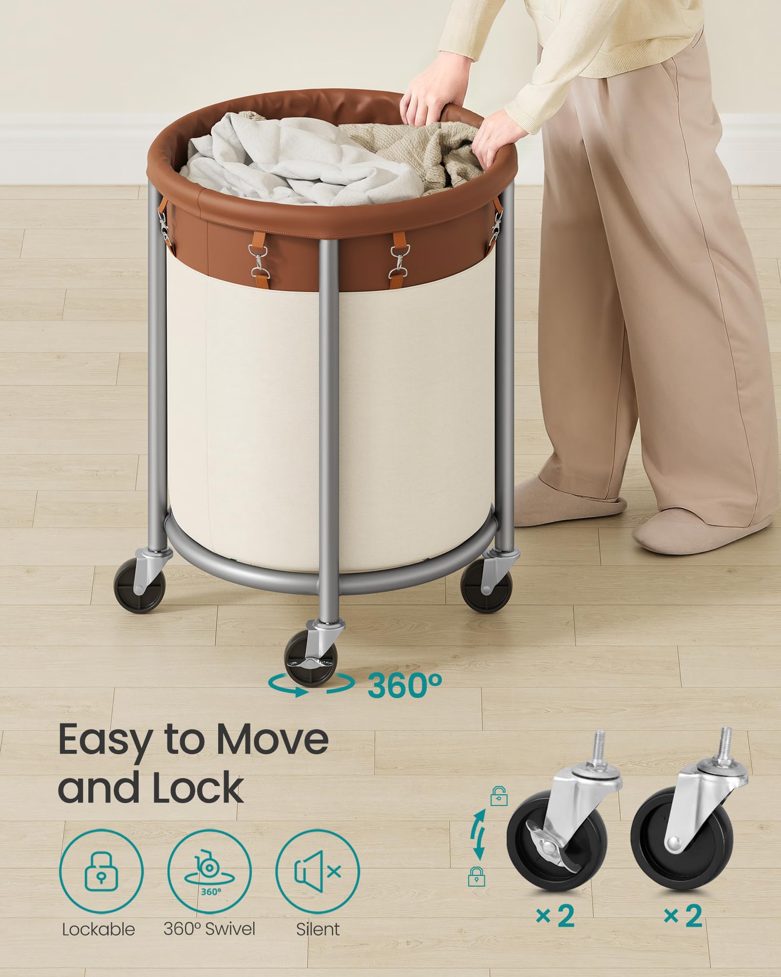 SONGMICS Laundry Basket with Wheels, 29 Gal., Steel Frame, Removable Bag