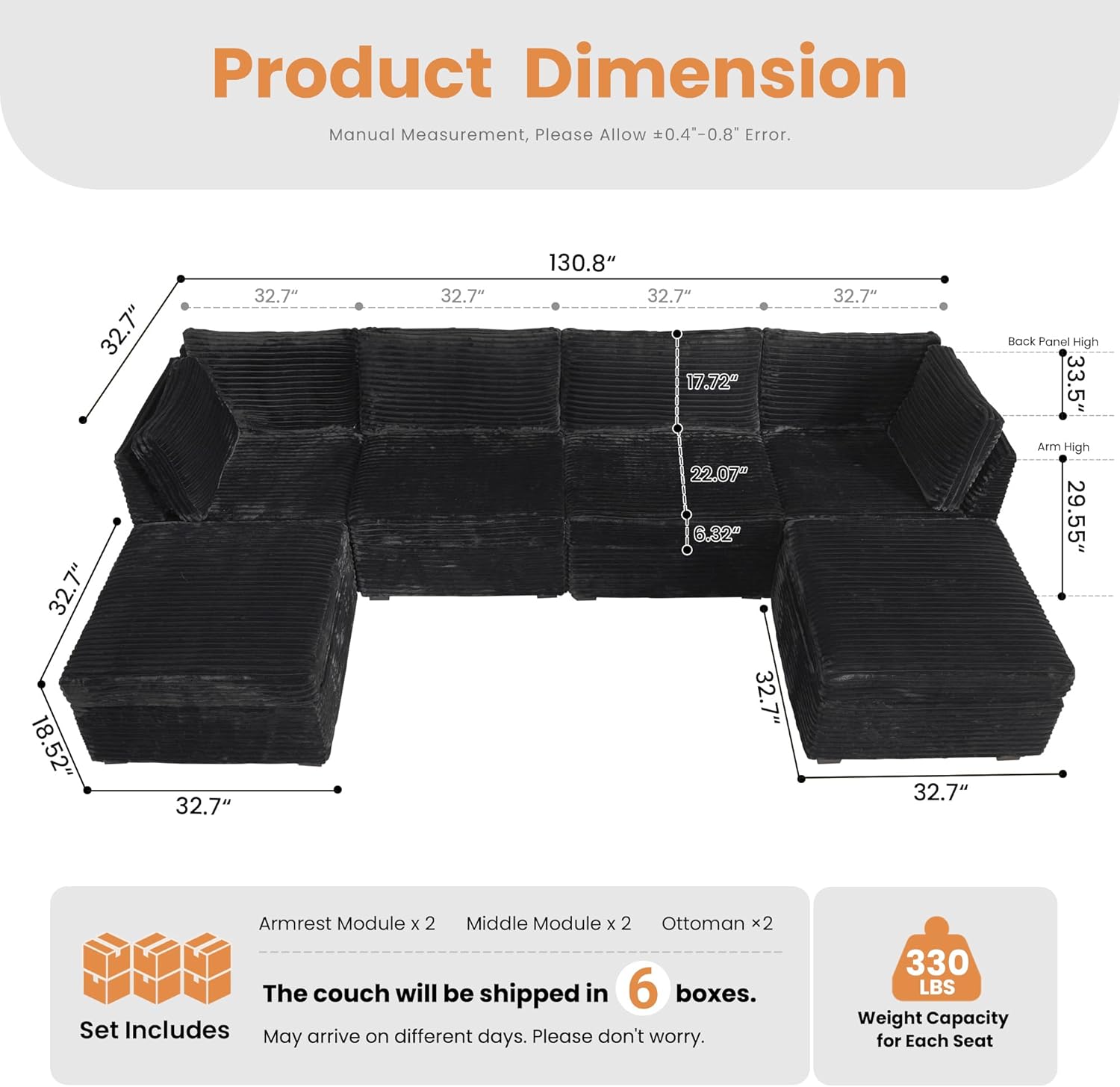 HOOOWOOO Modular Sectional Sofa,6 Pieces Sectional Couches for Living Room,131X66 L Shaped Cloud