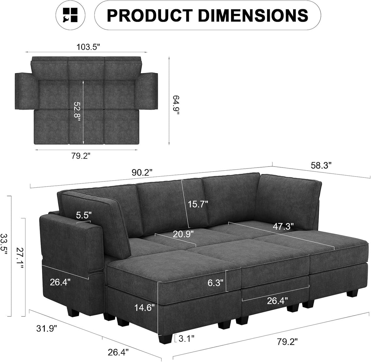 Belffin Terry Fabric Modular Sectional Sleeper Sofa Bed with Storage Convertible Sectional Couches