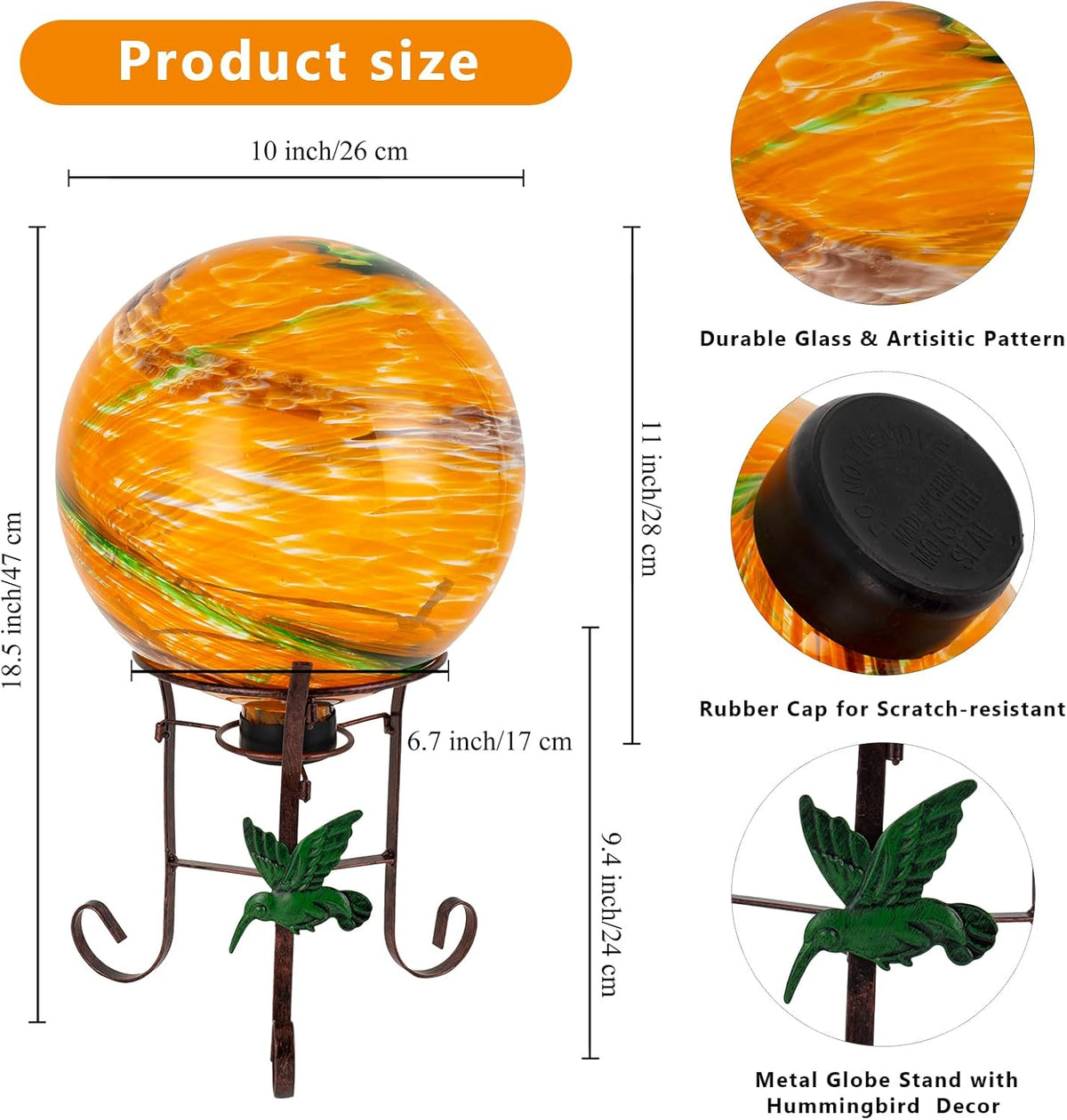 10 Inch Glass Gazing Ball, with 9.4" Tall Metal Gazing Globe Stand, Glass Balls Display Holder Set