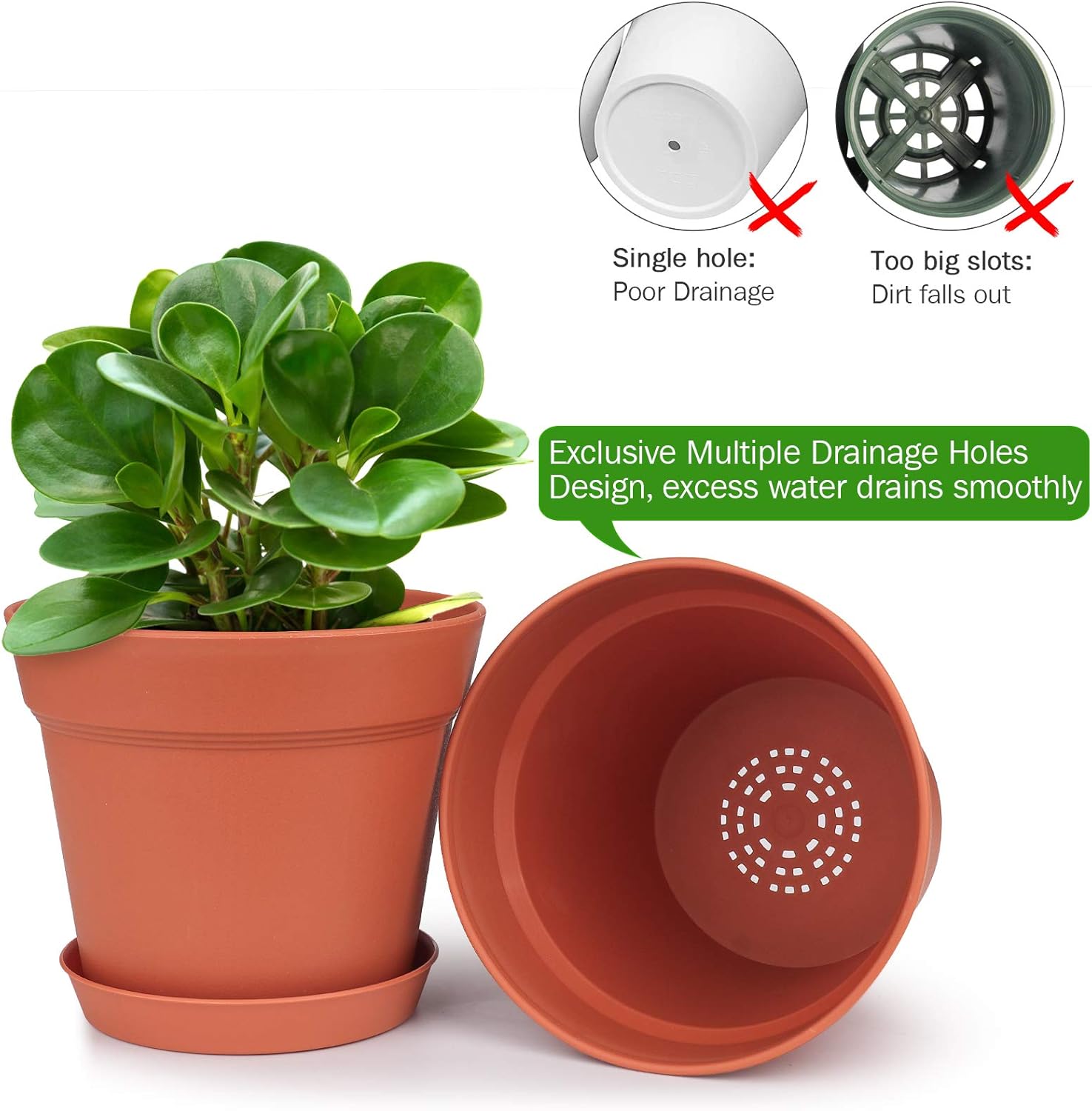 homenote Pots for Plants, 15 Pack 6 Inch Plastic Planters with Multiple Drainage Holes and Tray